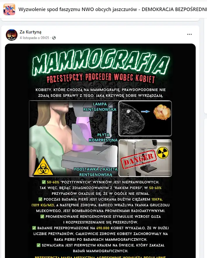 Grafika prezentująca fake news o mamografii