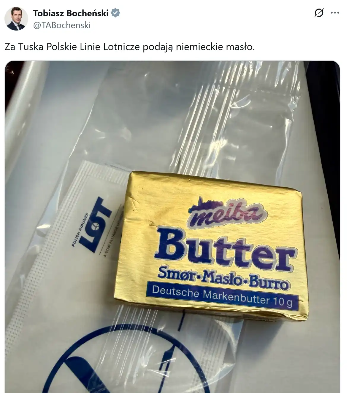 Tobiasz Bocheński jest oburzony że na pokładzie podano mu masło które nie jest produkowane w Polsce